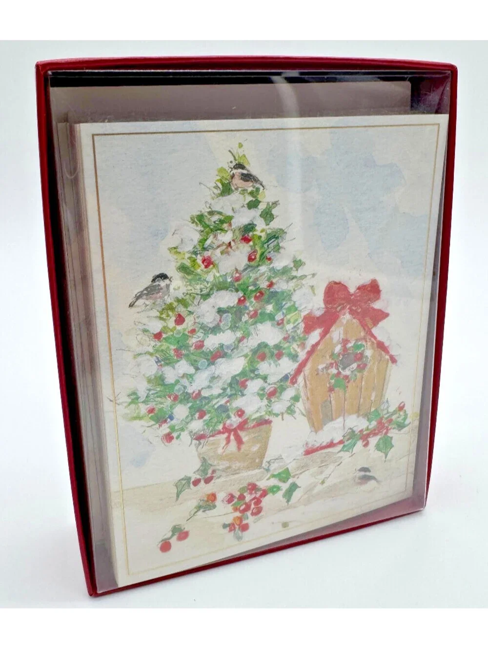 Caspari Winter Tree  and Birdhouse 15 Christmas & Holiday Cards & Envelopes NEW